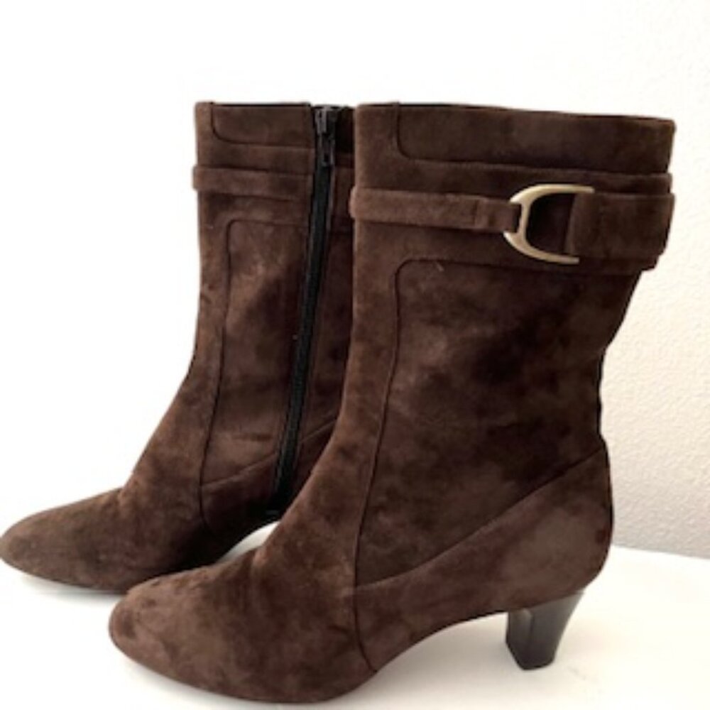 Cole Hann Brown Suede Zippered Boots with Buckle, Size 6B